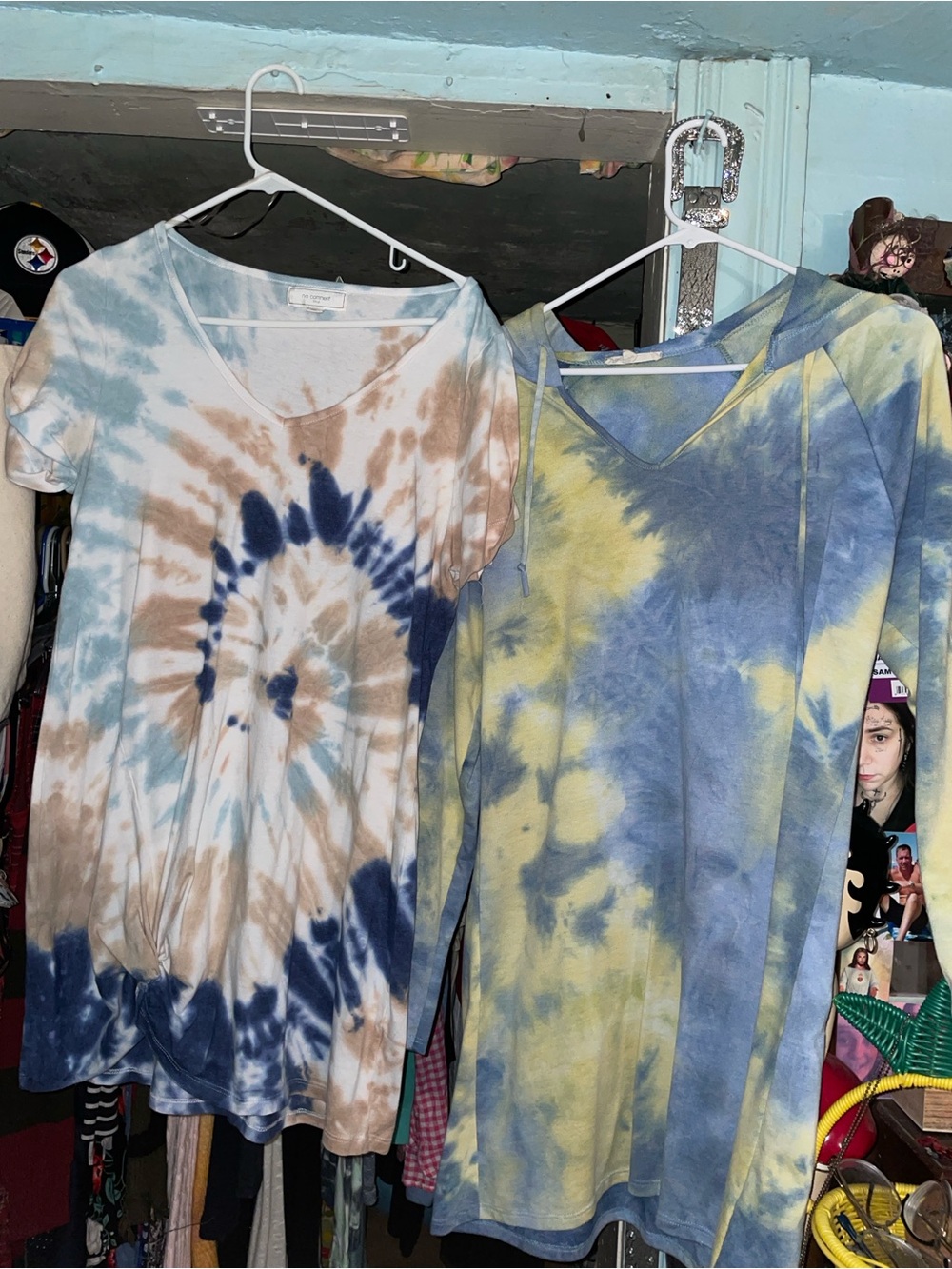 Two Tie-Dye V-Neck Tunic Tops in Blue & Brown